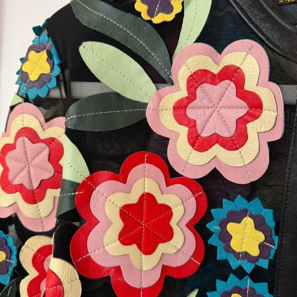 Dakota West Short Art Deco Leather Jacket Black Floral Medium